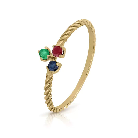 Anillo Trenzado Triple Garra Zafiro, Rubí y Esmeralda
