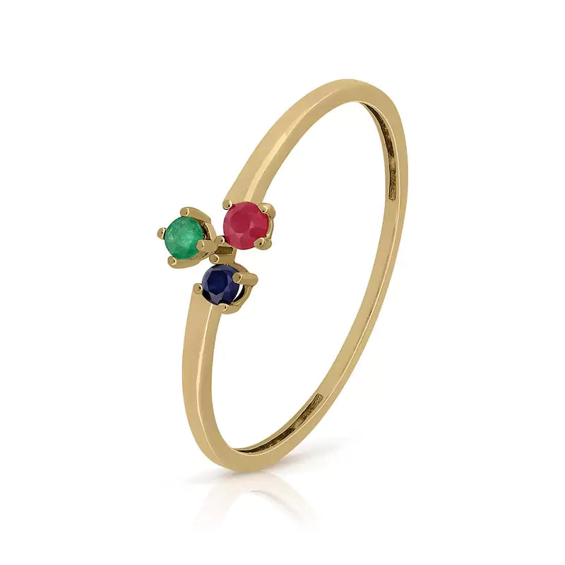 Anillo Liso Triple Garra Zafiro, Rubí y Esmeralda